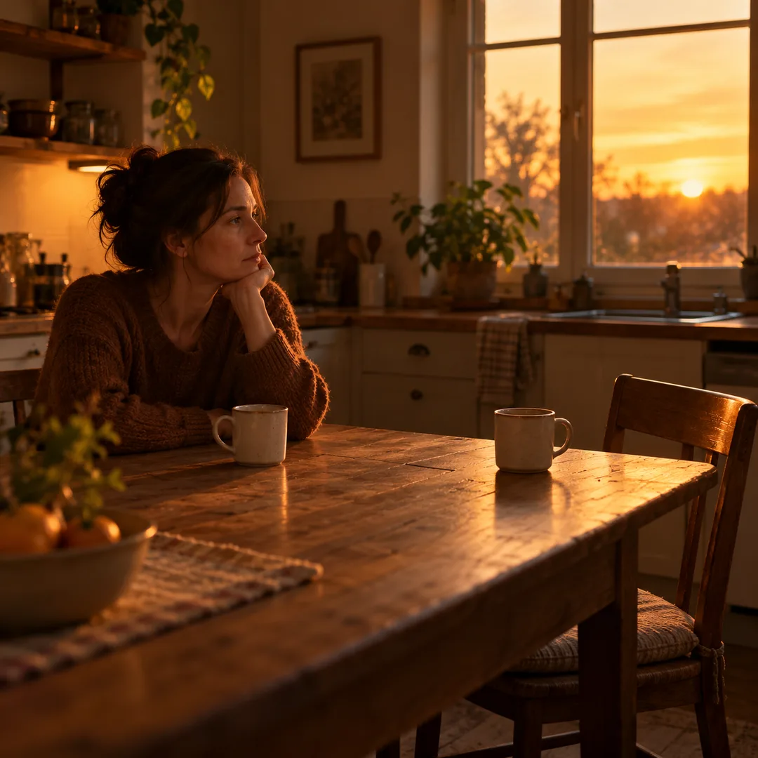 An adult waiting alone at a quiet kitchen table