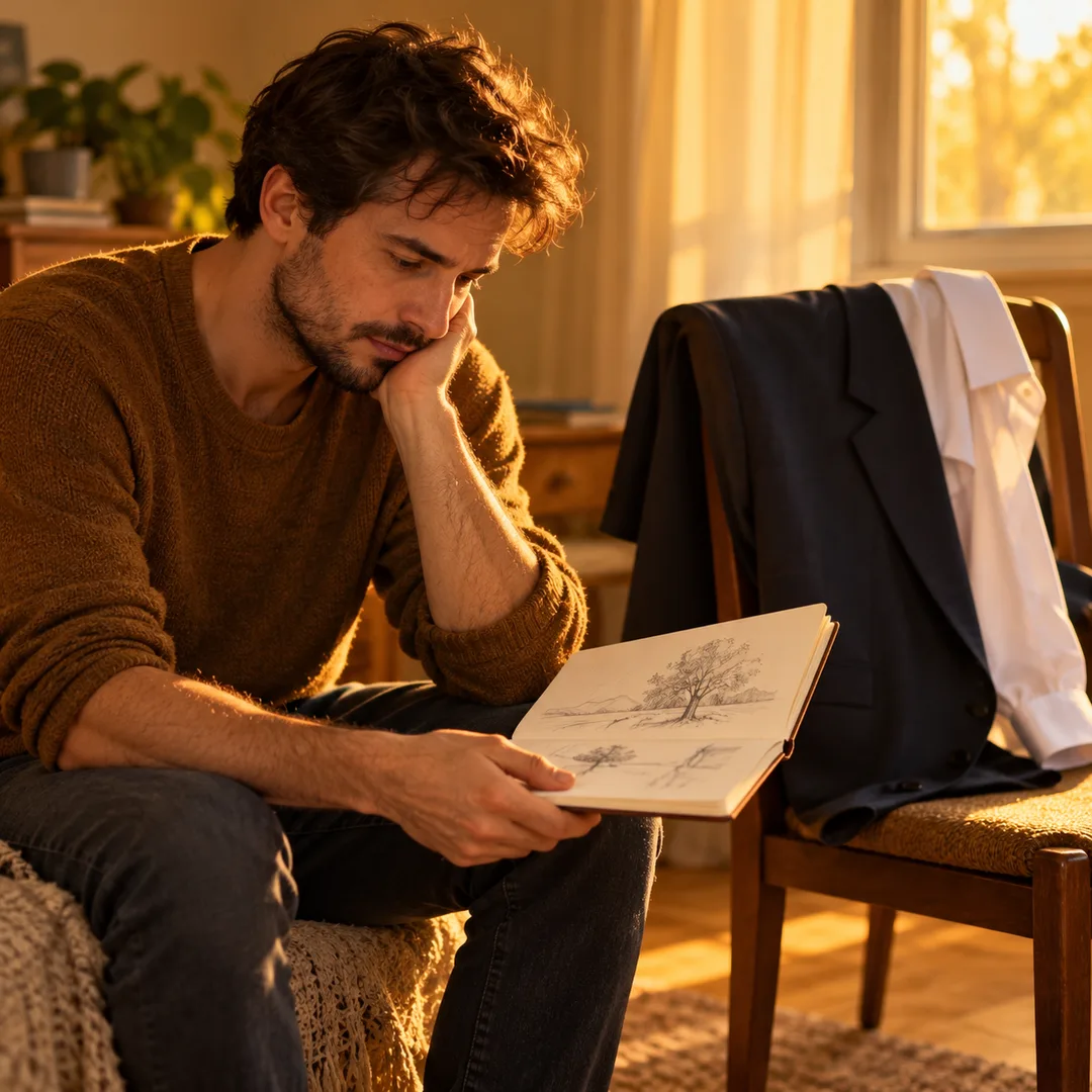 An adult holding a sketchbook beside formal work clothes