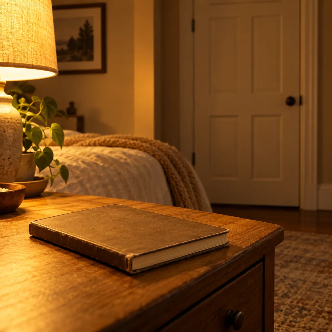 A private notebook resting beside a closed bedroom door