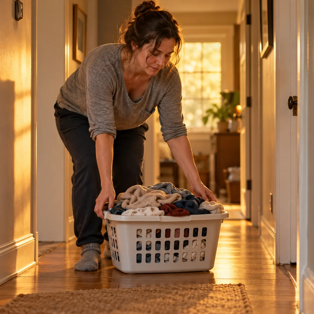 An adult setting down a heavy basket in a quiet hallway