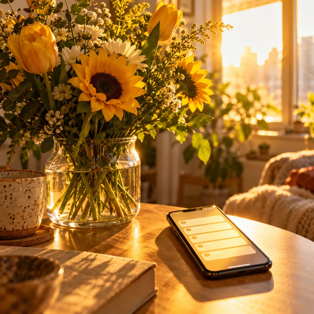 A phone filled with messages beside flowers on a table