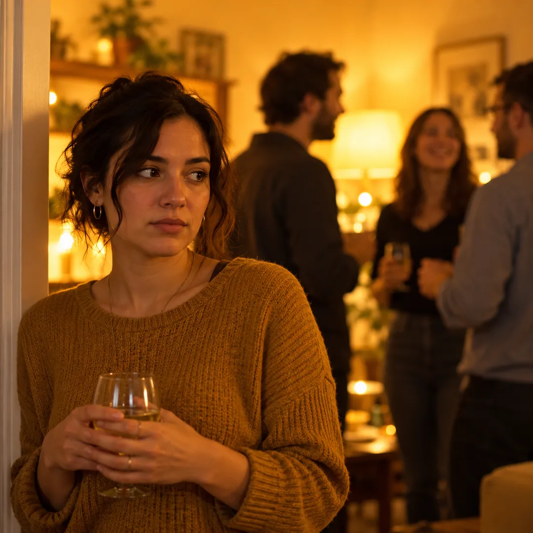 An uneasy adult at a small gathering while others talk