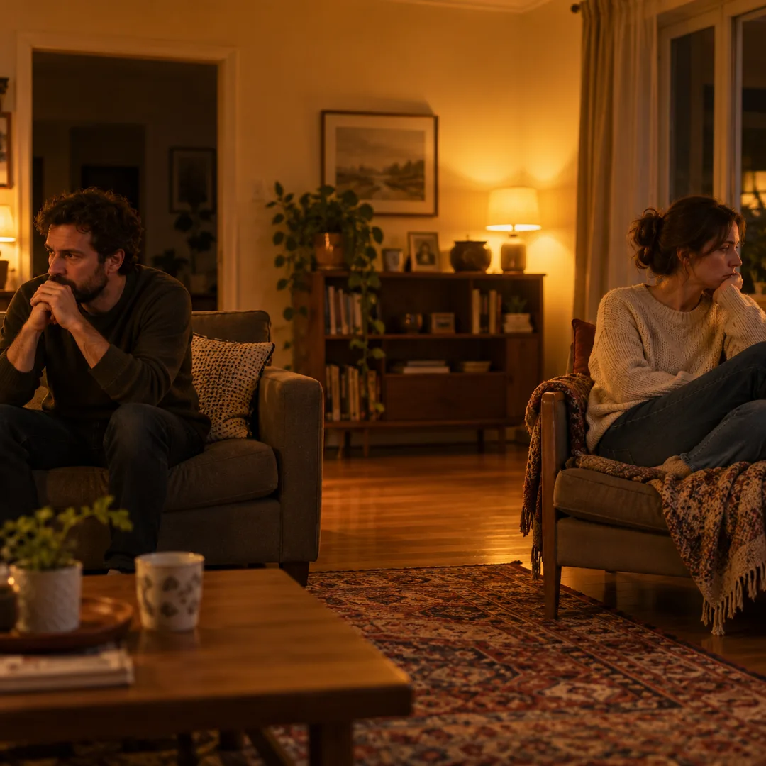 Two adults sitting far apart in a dim living room