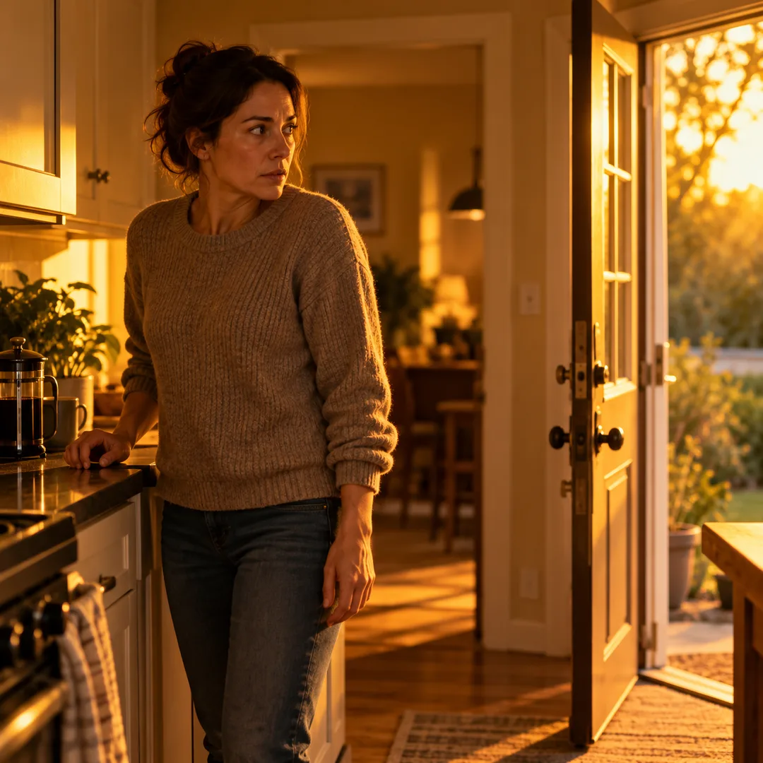 An adult standing cautiously near a closed kitchen door
