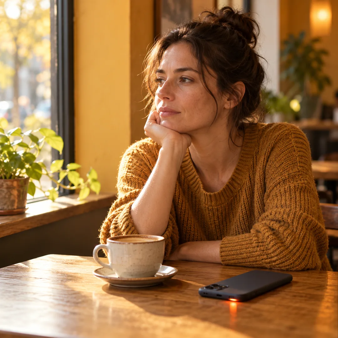 An adult ignoring repeated phone notifications during coffee