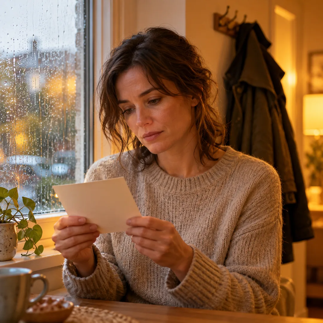 An adult holding a cancelled invitation beside a quiet window