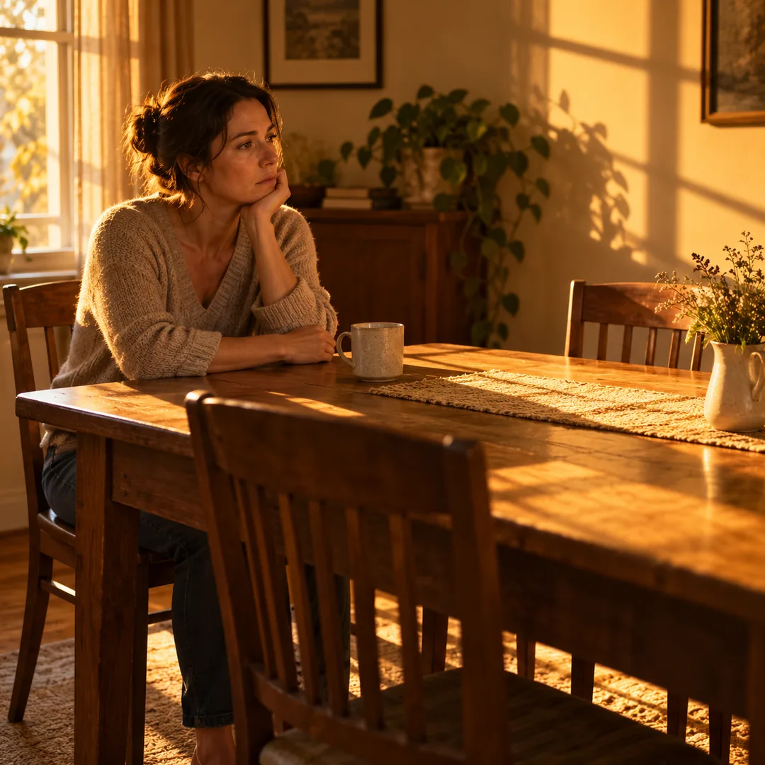An adult reflecting beside two chairs after an argument