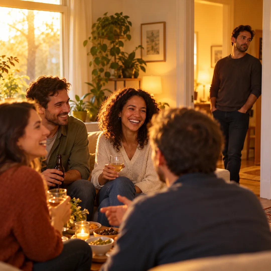 A smiling social gathering with one adult standing apart