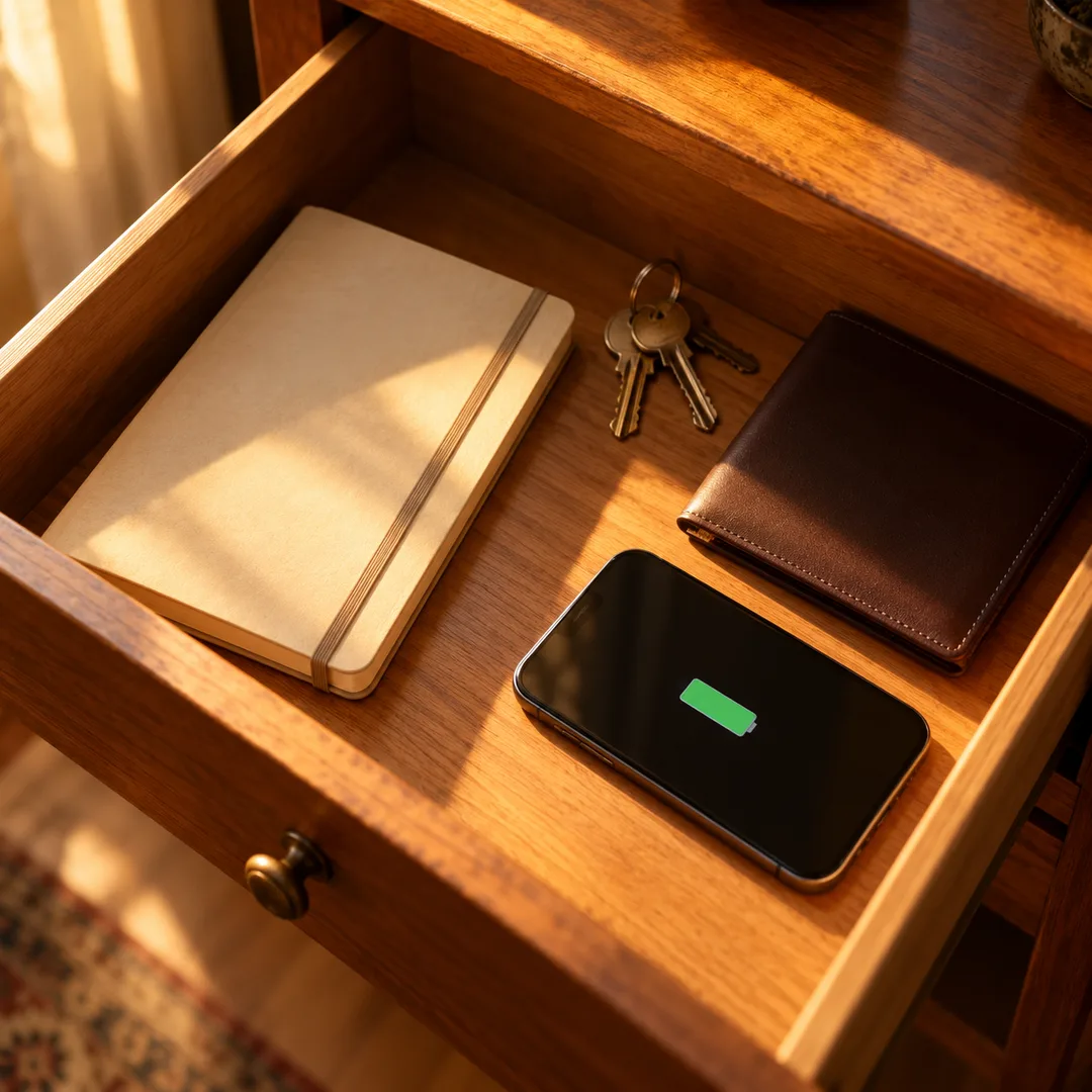 A notebook, spare keys and phone arranged discreetly in a drawer