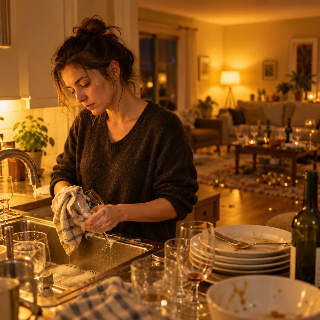 Tired adult cleaning up alone after a lively party