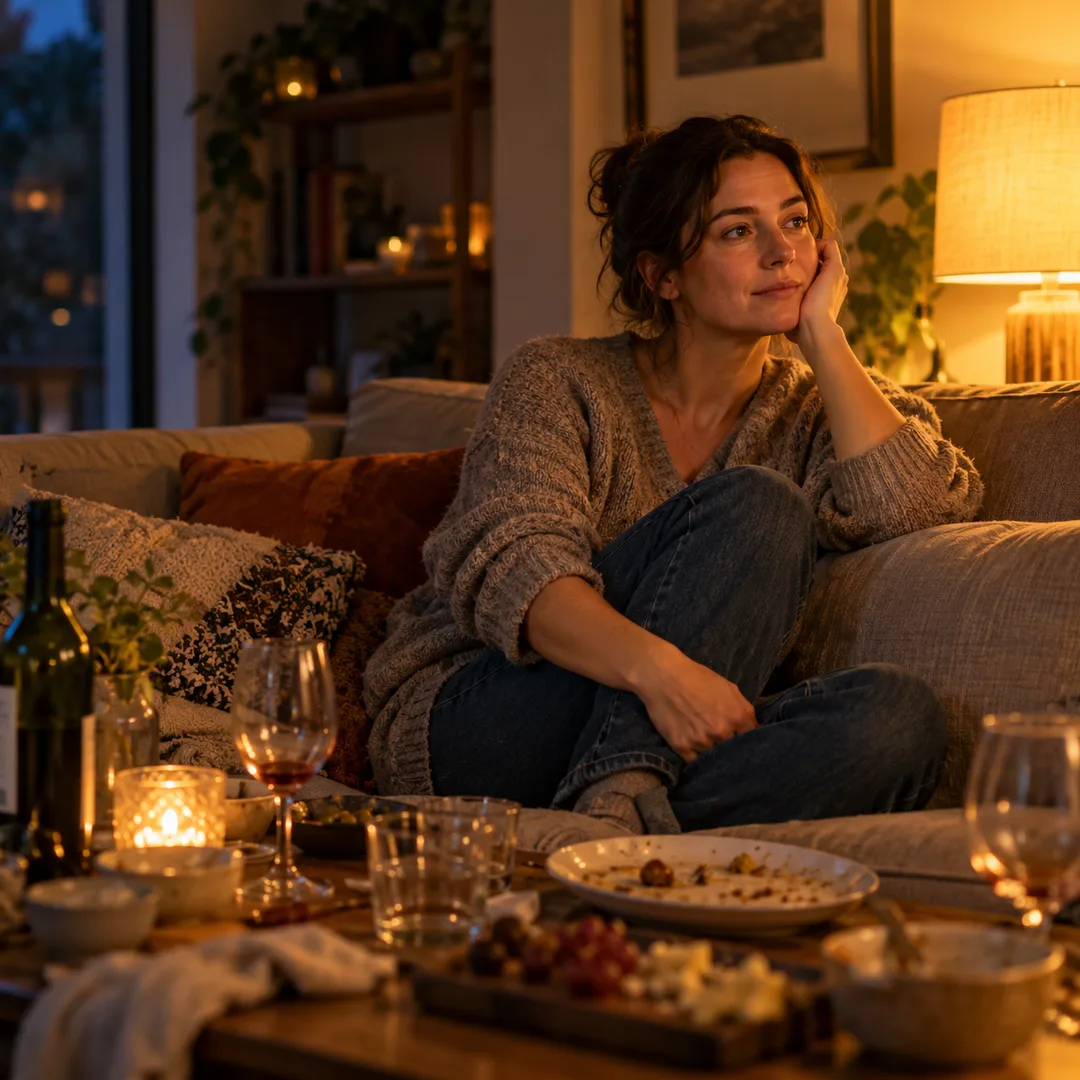 Thoughtful adult sitting alone after guests have left