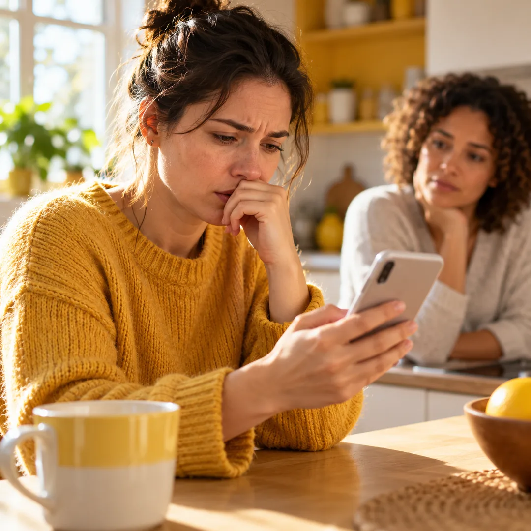 Concerned adult reading an unexpected message from a friend
