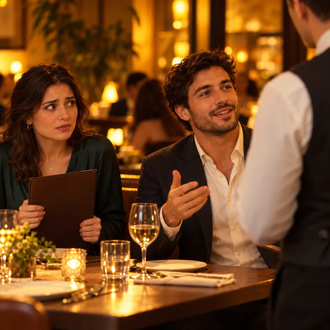 Restaurant table where one person orders while another looks uneasy