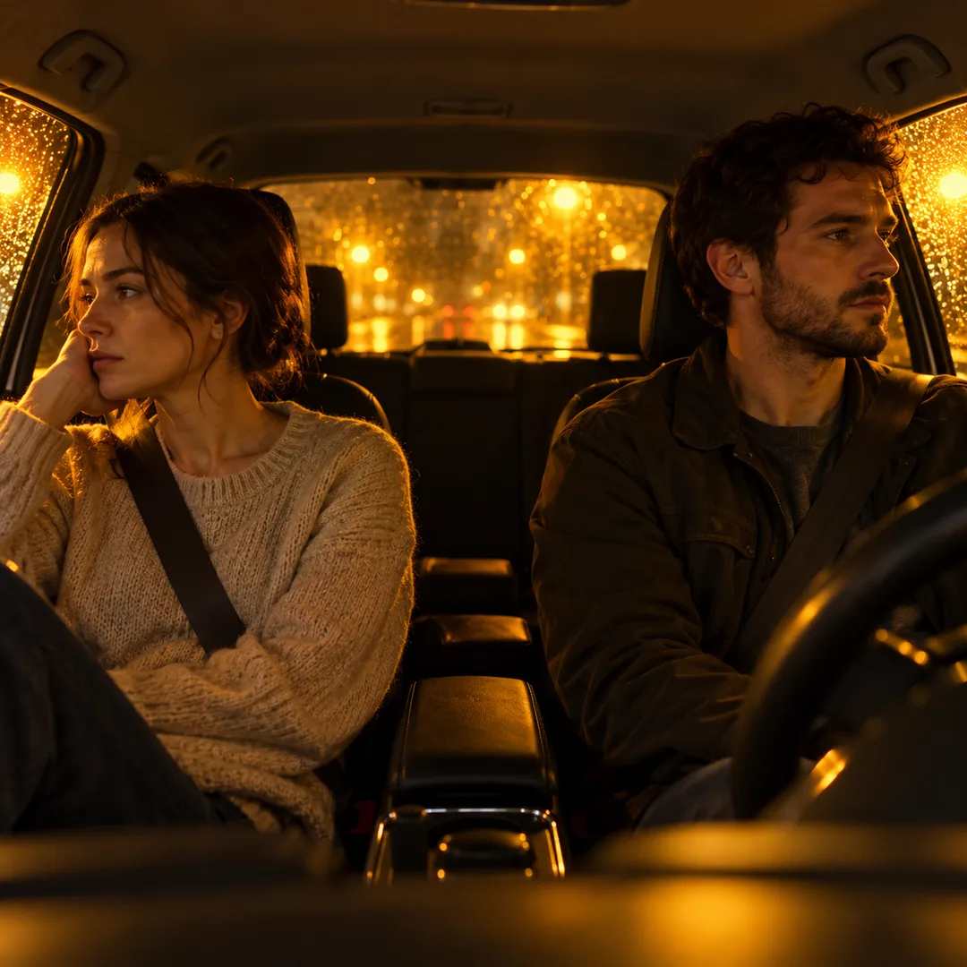 Tense couple sitting apart in a parked car at night