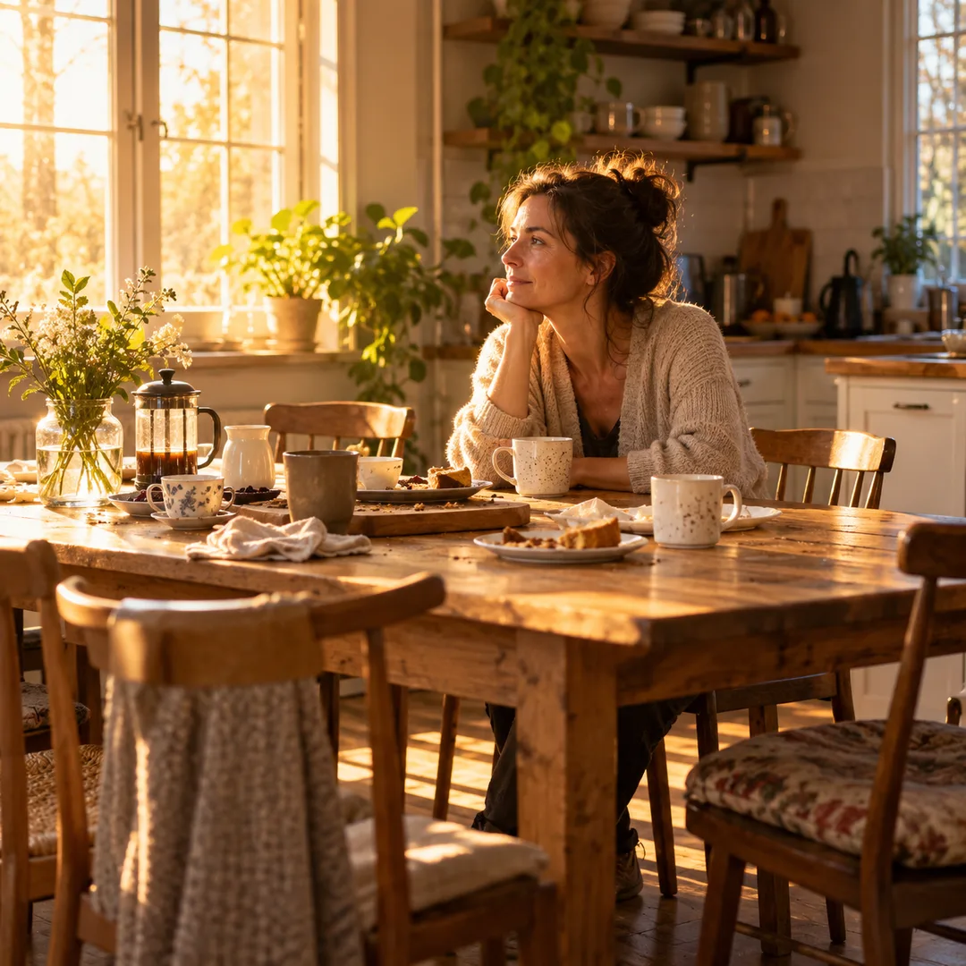 Adult reflecting quietly at a kitchen table after a gathering