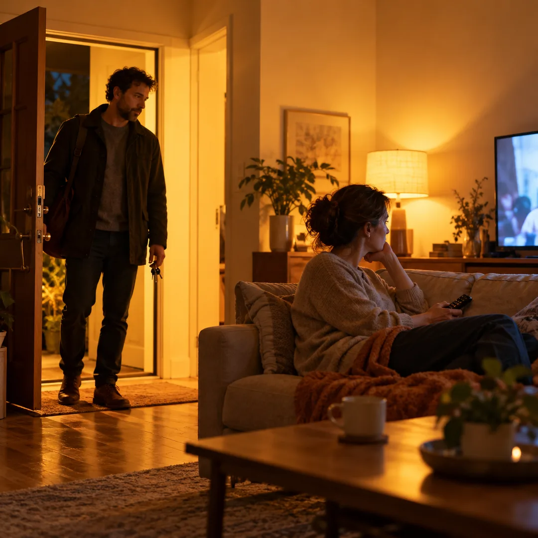Adult arriving home to a partner absorbed in television