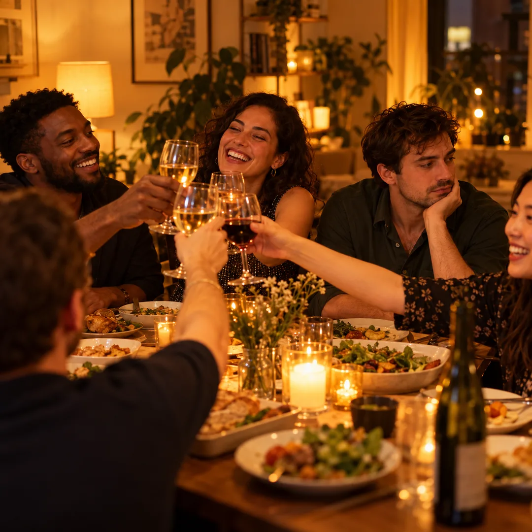 Friends raising glasses while one partner looks distant