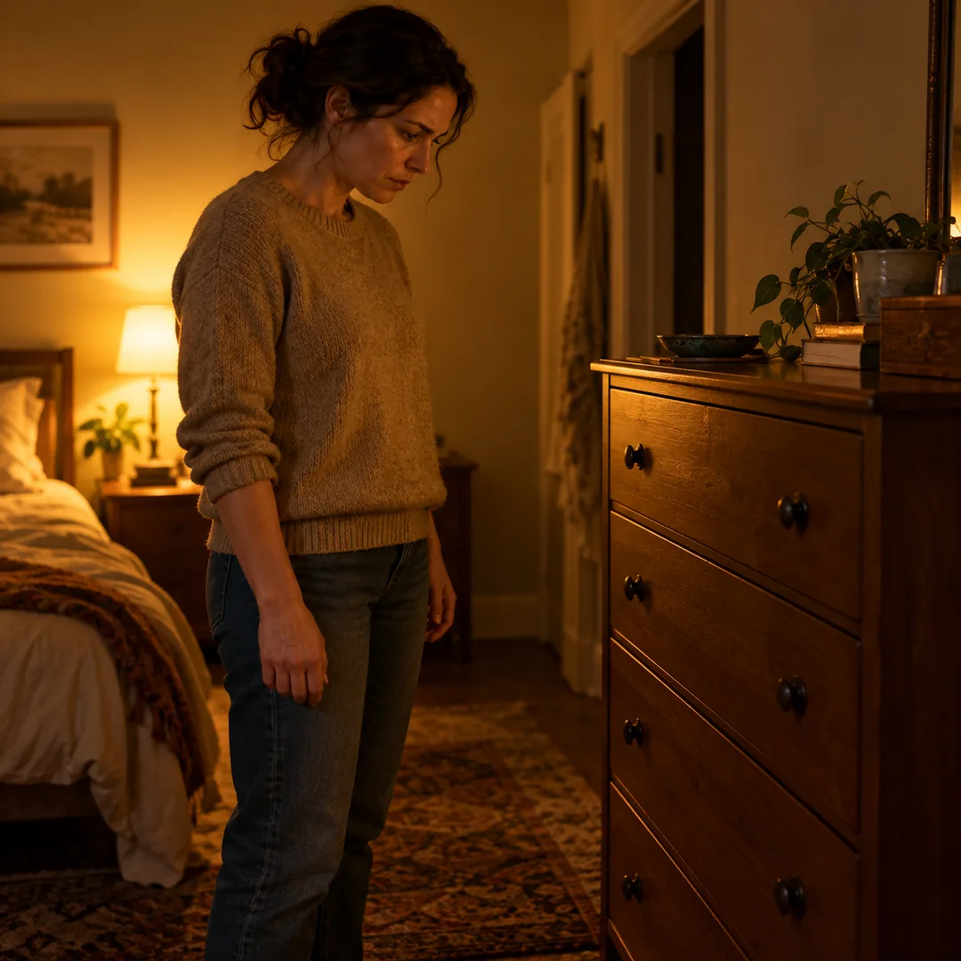 A closed drawer remains untouched while someone considers safety