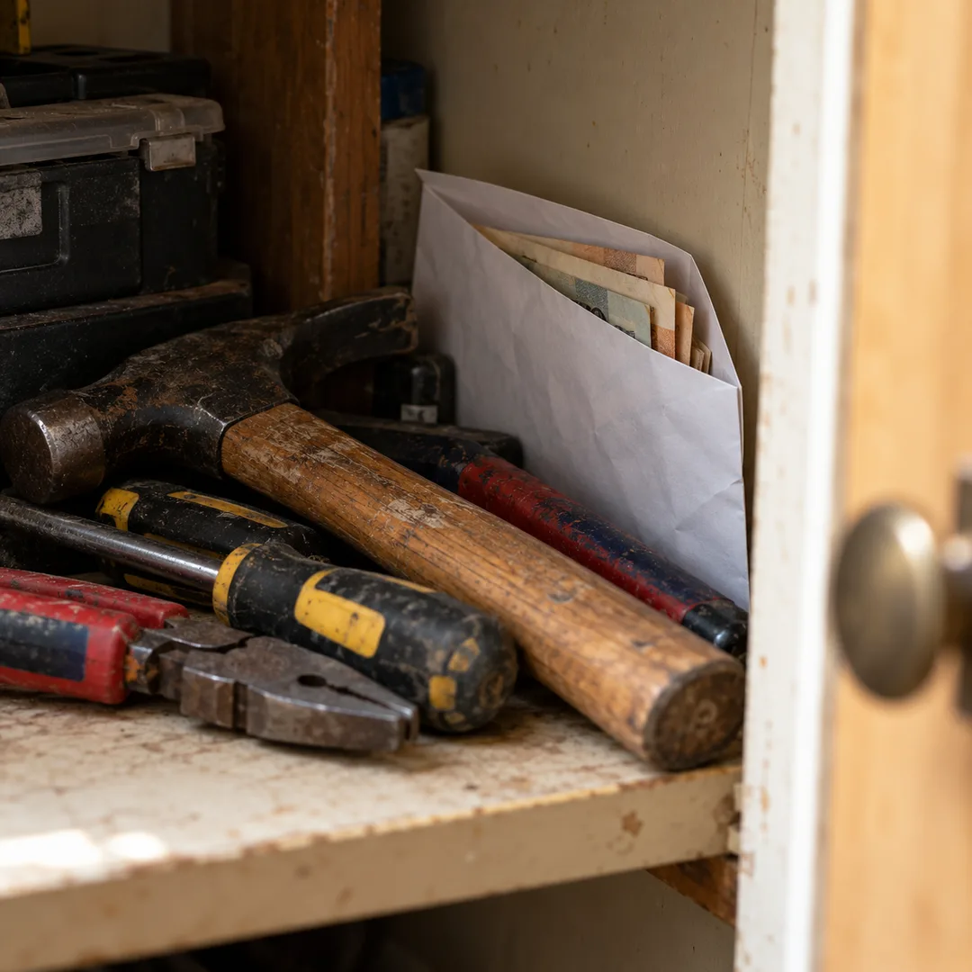 A hidden envelope of cash rests behind household tools