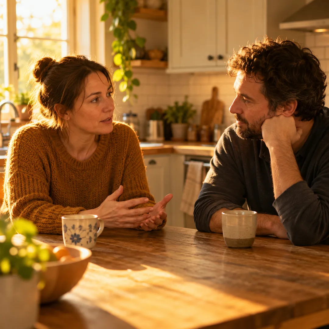Two adults talk quietly together at a kitchen table
