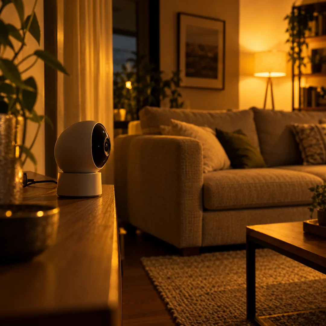 A small home camera faces a sofa in a dim living room