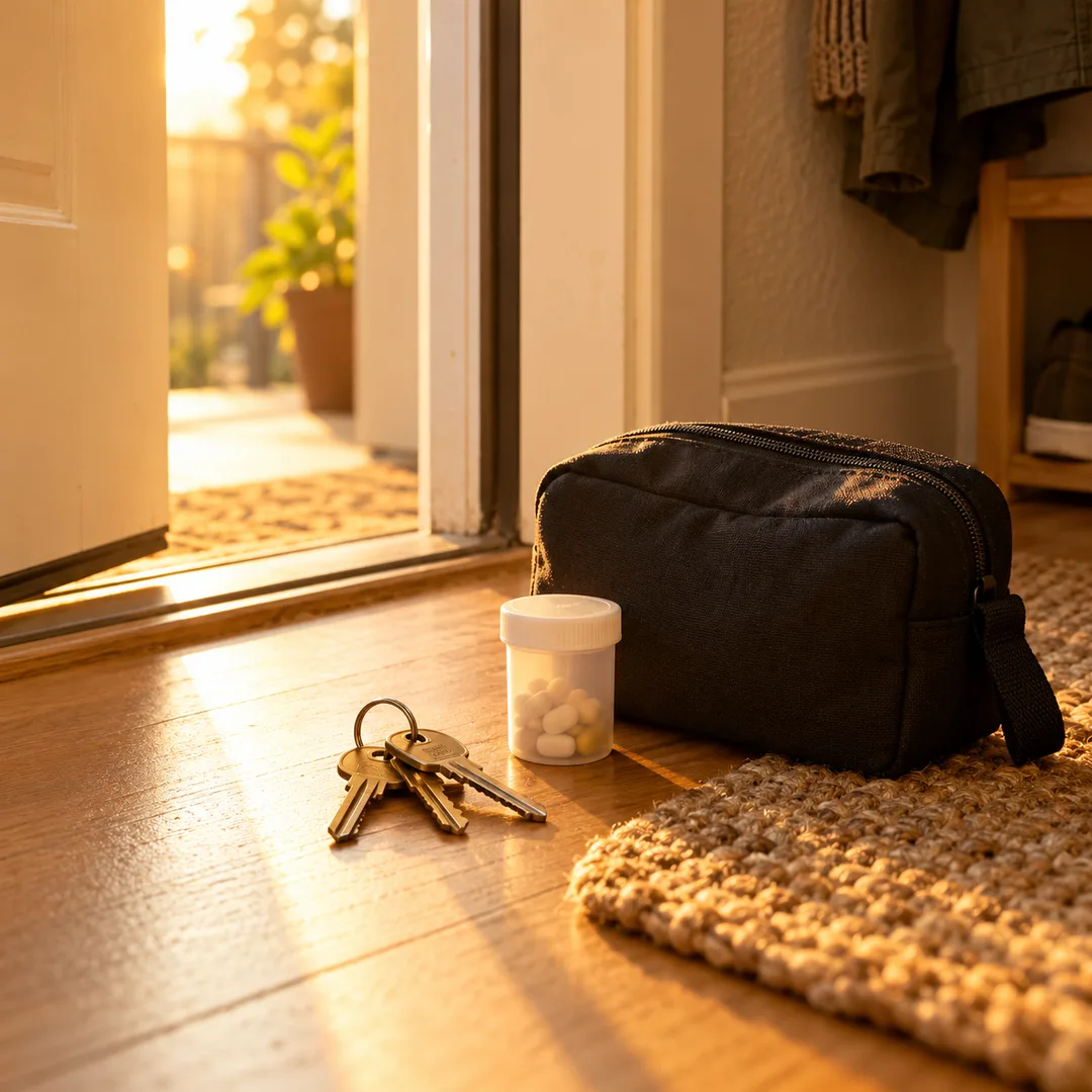 Keys and a small essentials bag sit ready near a doorway