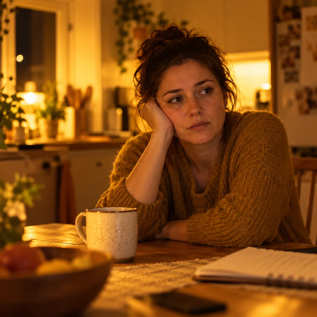 An adult sits awake in a tense and uncertain home
