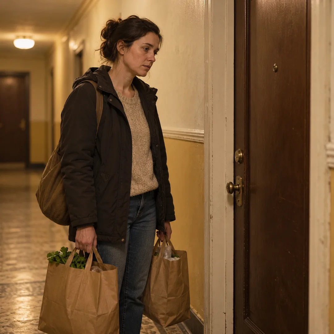 Adult holding groceries outside an older relative's closed door