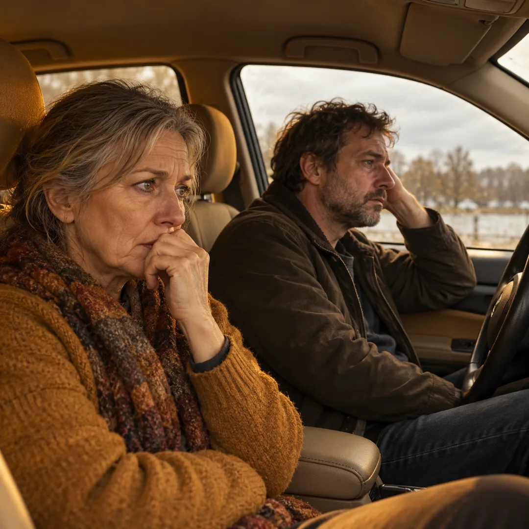 Tense older passenger and weary adult during a quiet car ride