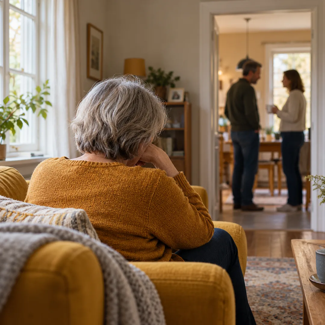 Older adult turned away as family members talk in another room