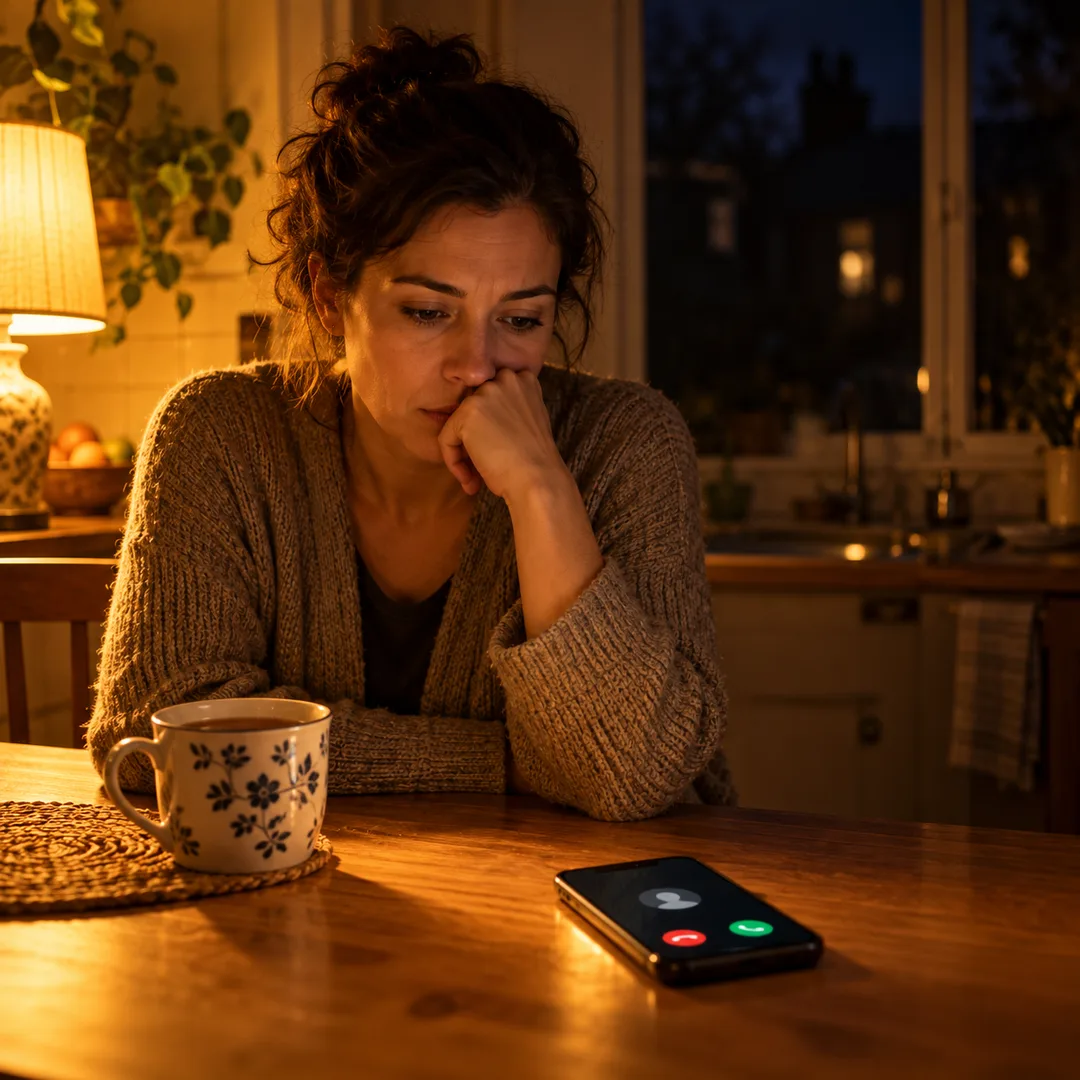 Adult studying a ringing phone at a kitchen table after dark
