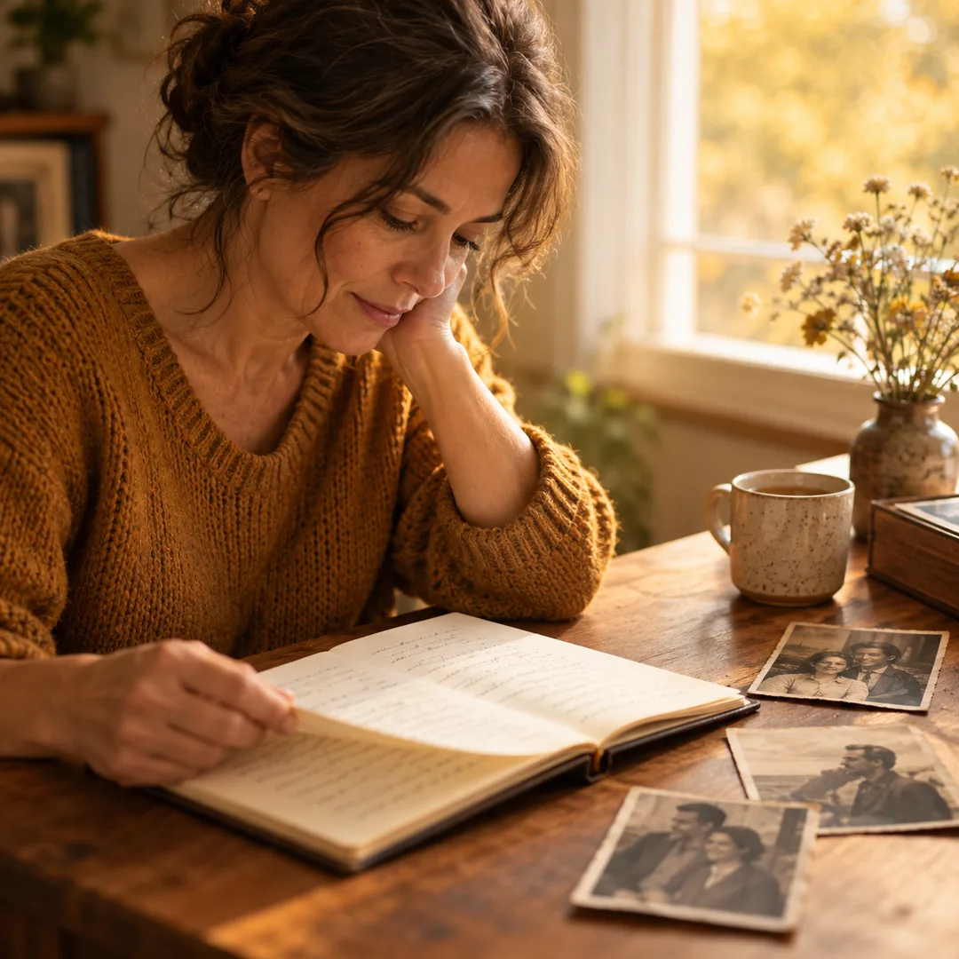 Adult reviewing an old journal beside faded family photographs