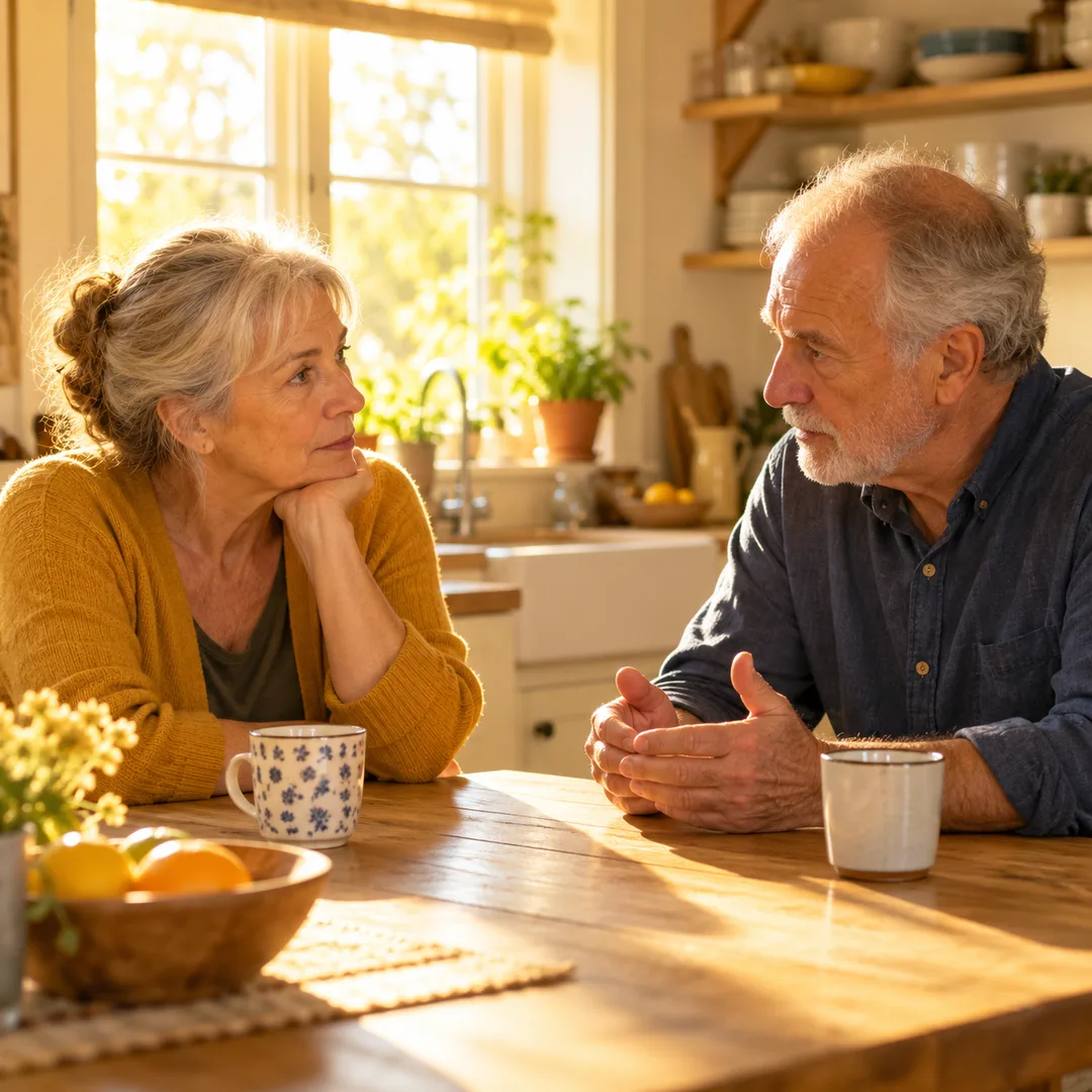 Two older adults having a calm conversation across a kitchen table