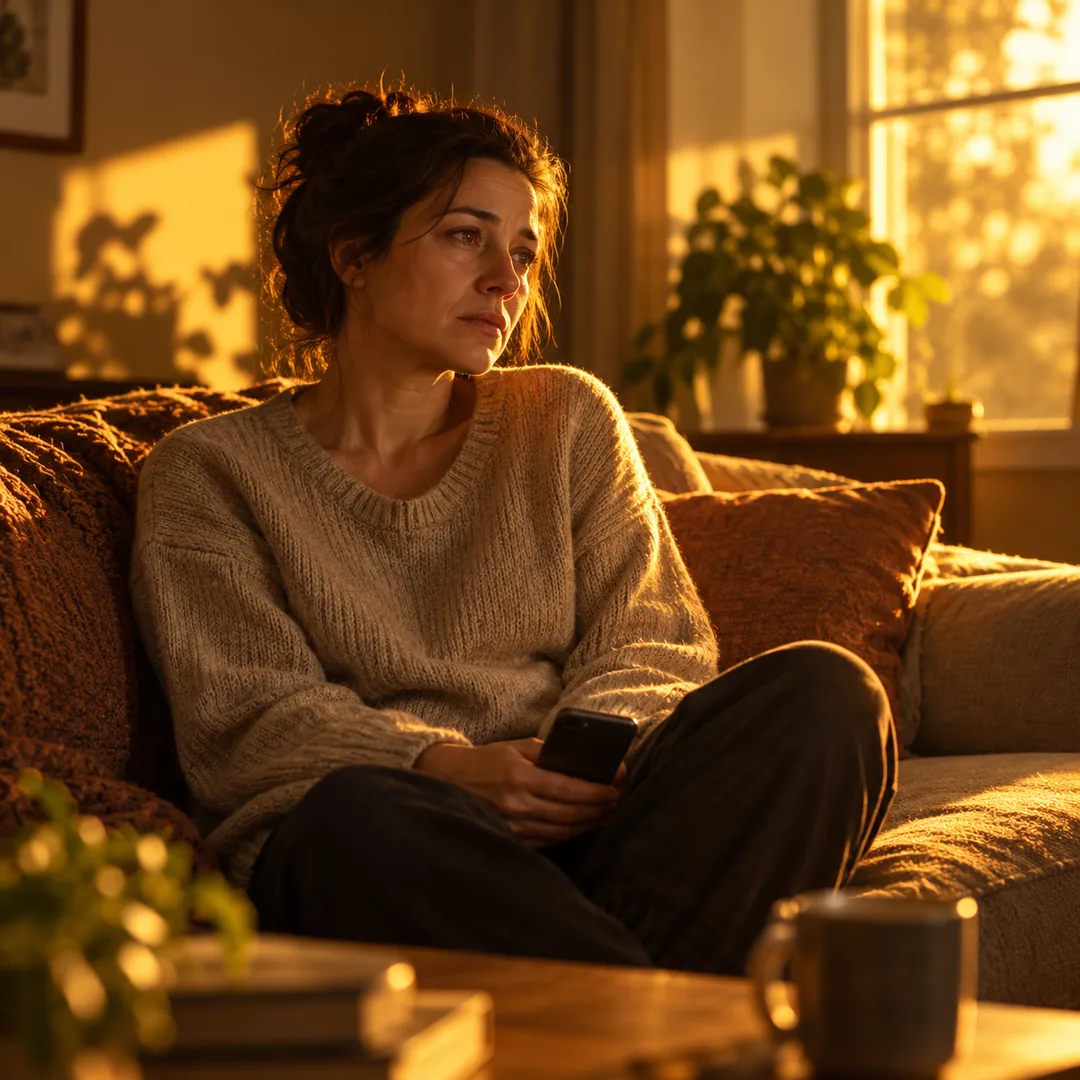 Adult sitting alone after reading a difficult family message