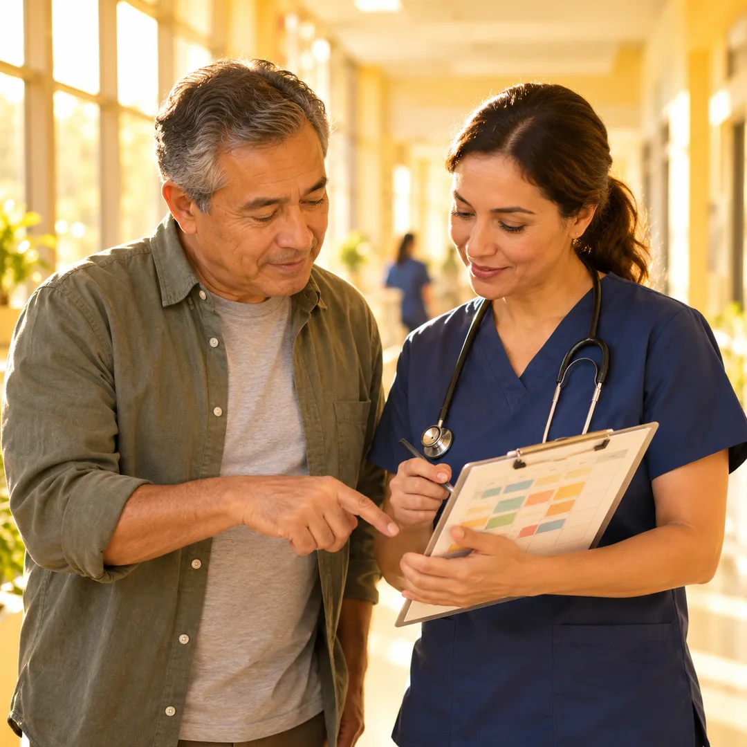 Adult reviewing a care schedule with a nurse in a bright hallway