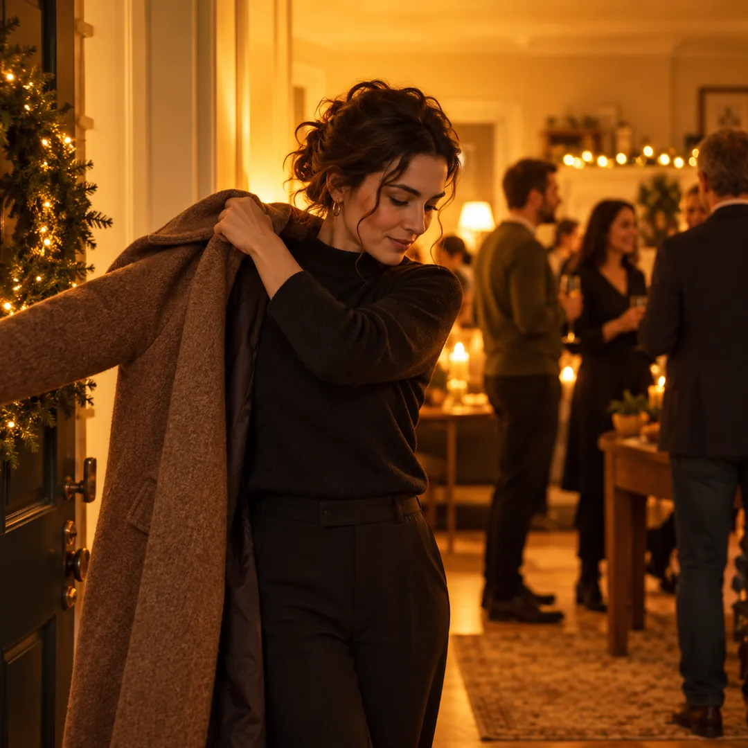 Adult putting on a coat beside a softly lit holiday doorway