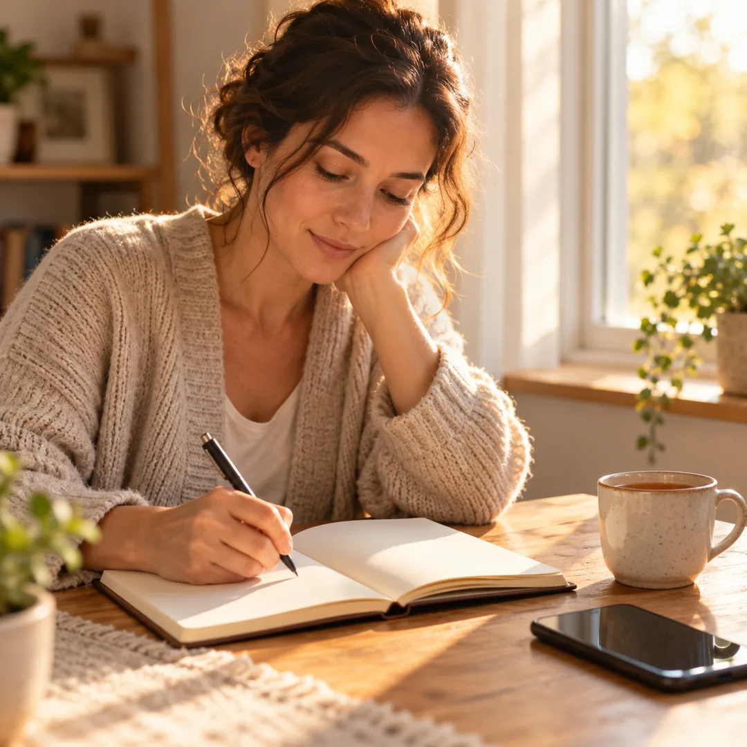 Adult writing calmly in a notebook beside a morning window