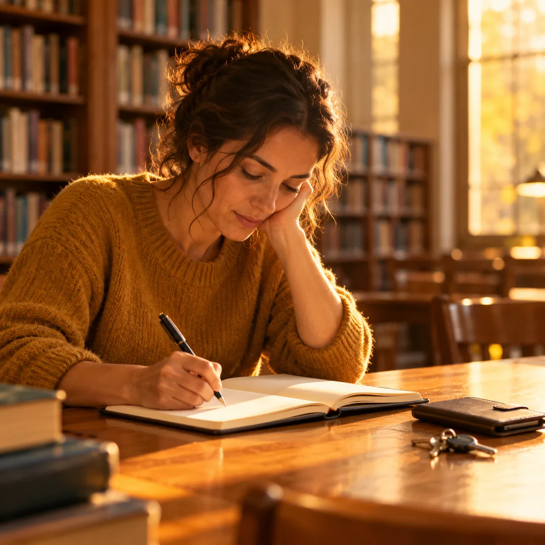 Adult making a private plan at a peaceful library table