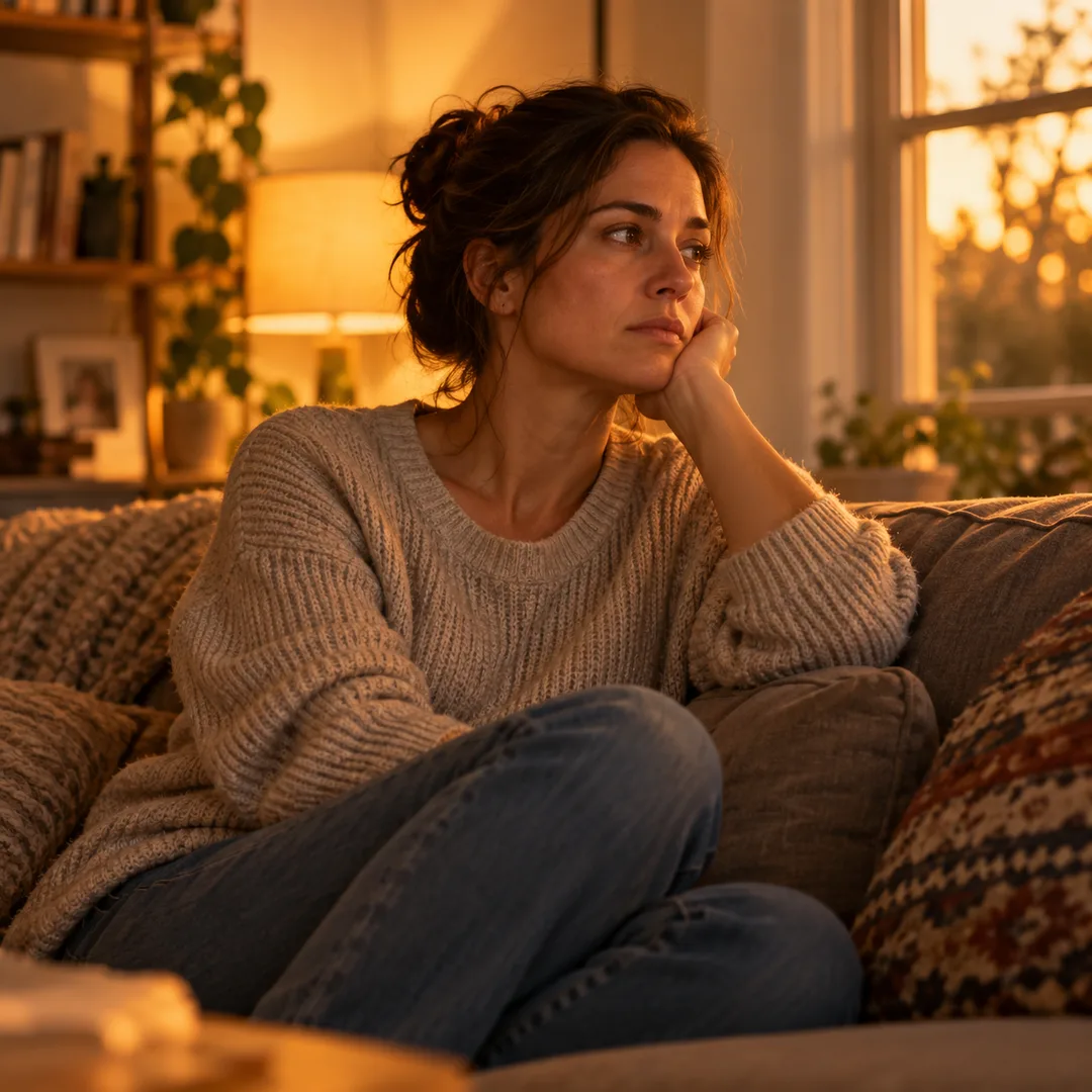 A tense adult sitting alone after an argument