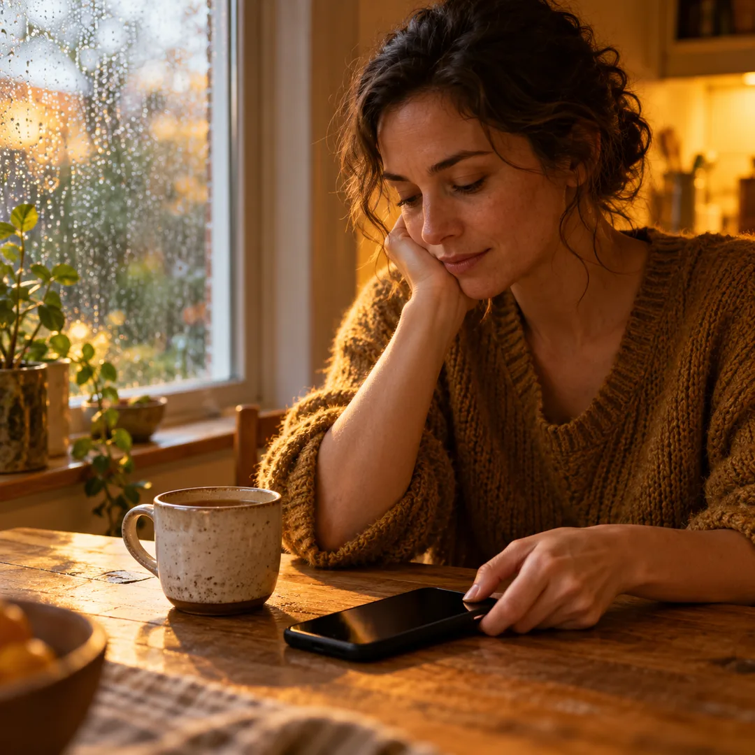 An adult silencing a phone beside a cup of tea