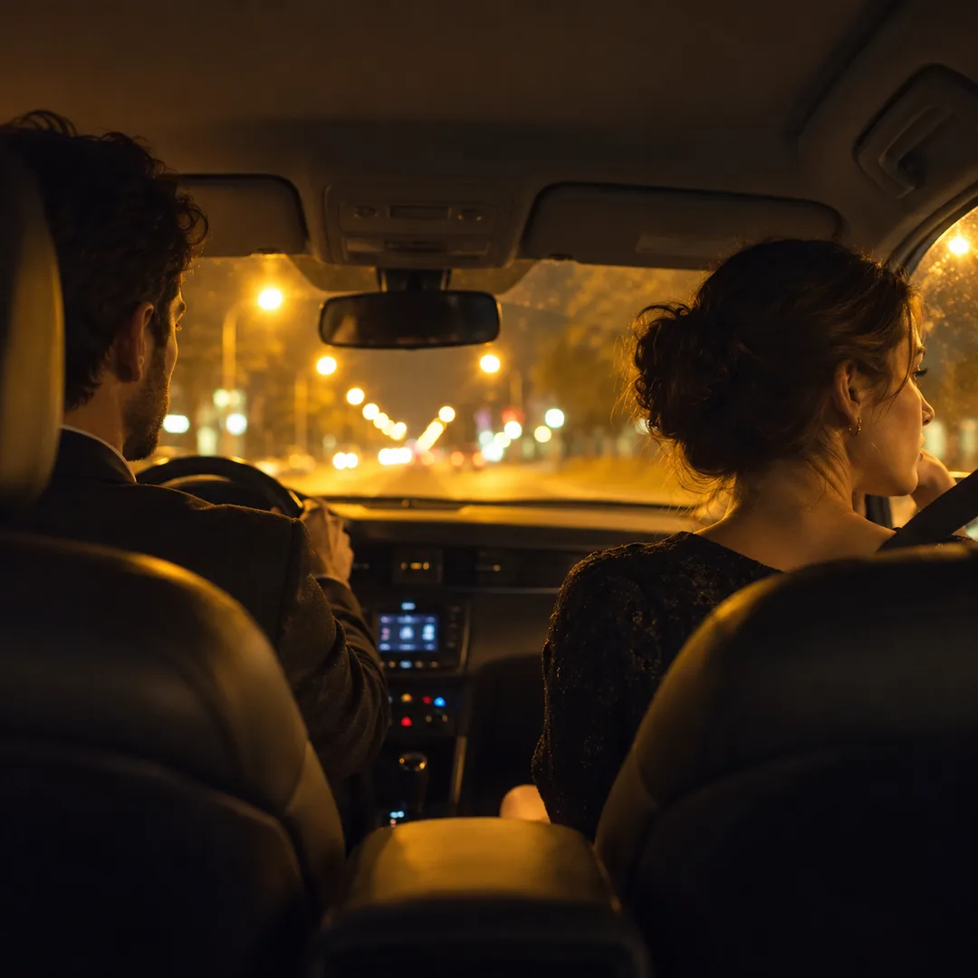 A quiet couple riding home after a cheerful gathering