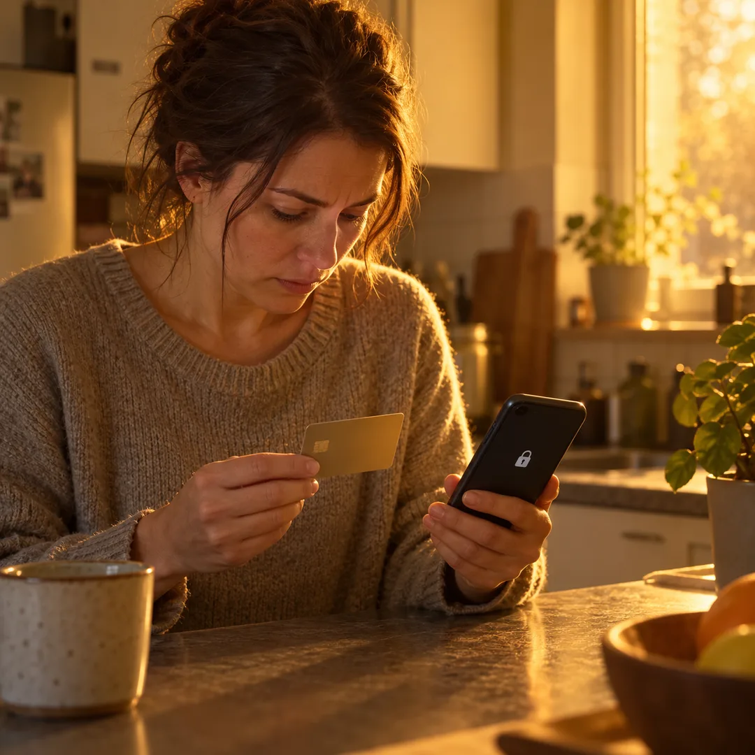 An adult holding a bank card while checking a locked phone