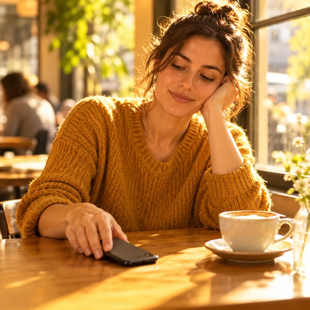 A relaxed adult ignoring an unexpected message in a bright cafe