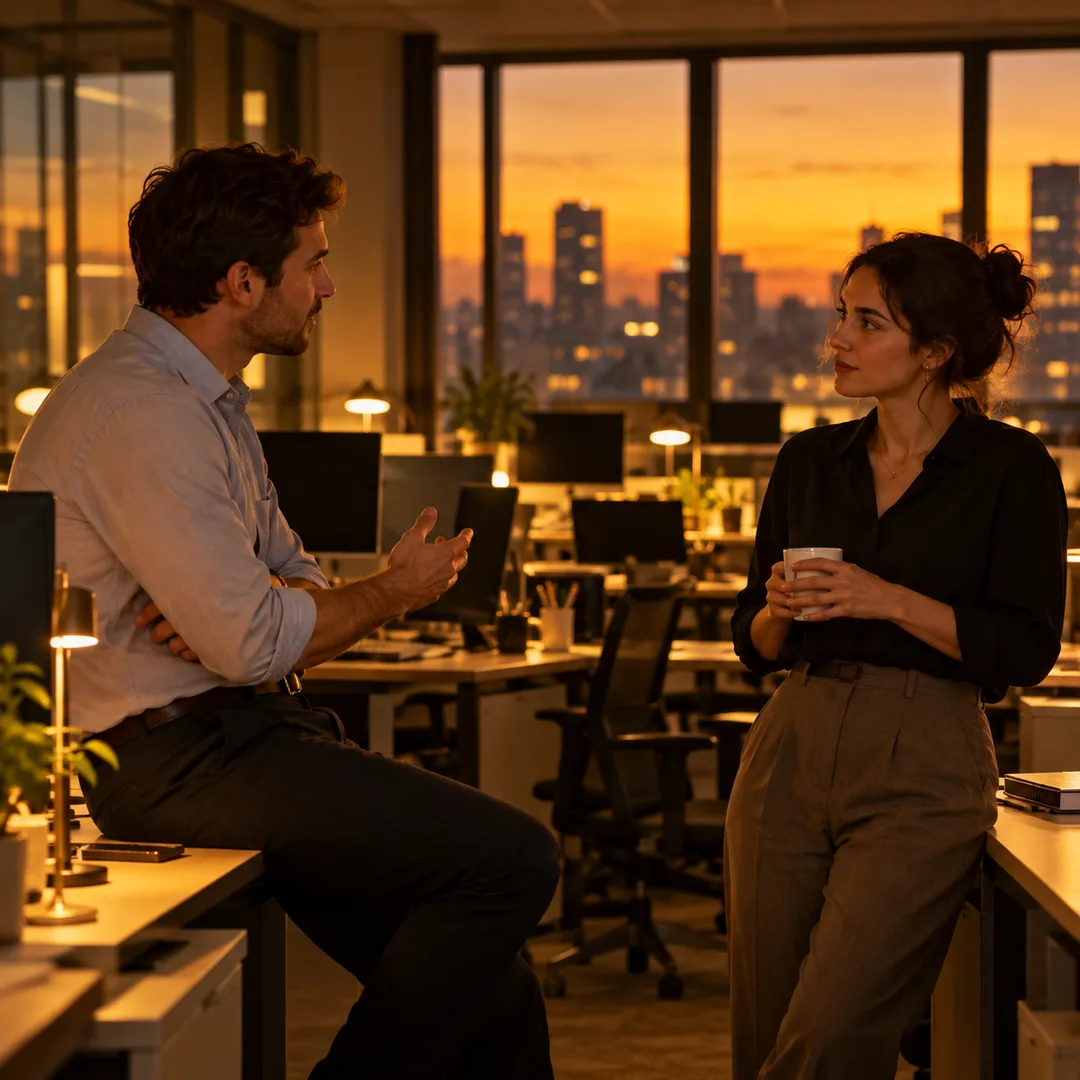 Ambitious adults talking after work in a quiet office