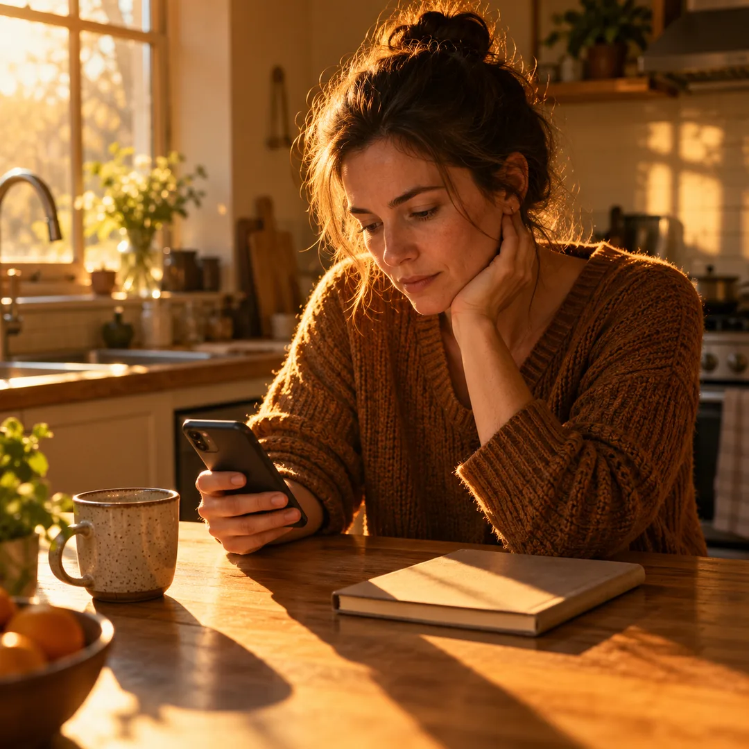 An adult reviewing old messages at a quiet kitchen counter