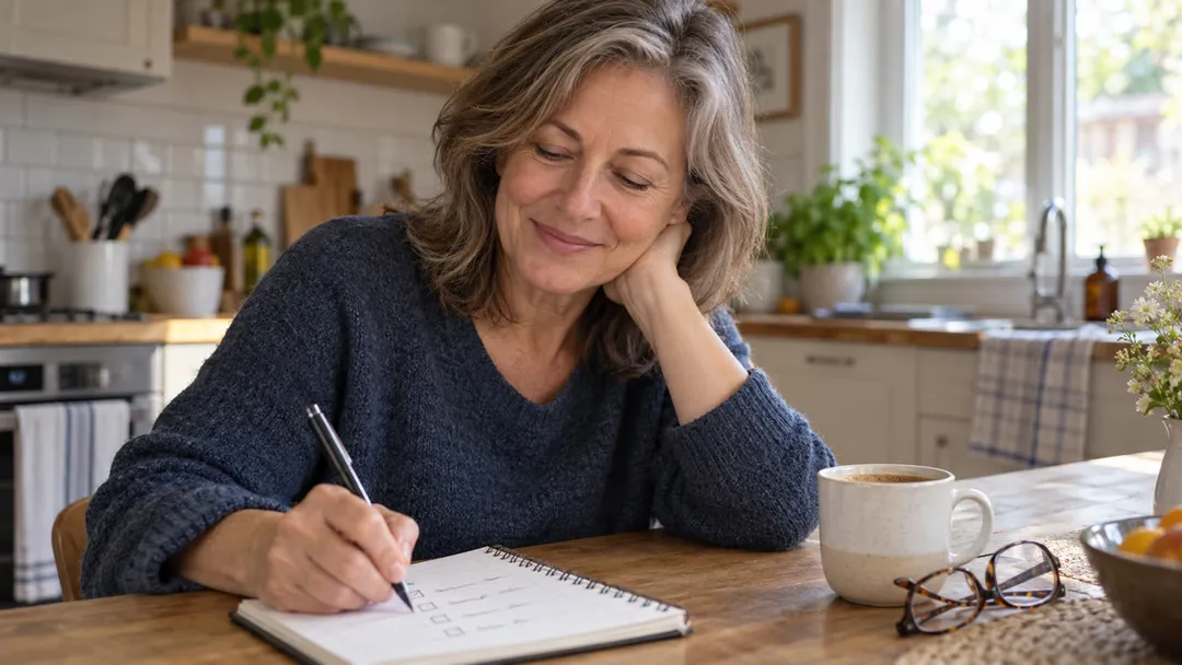 A woman writing a checklist in a notebook at her kitchen table