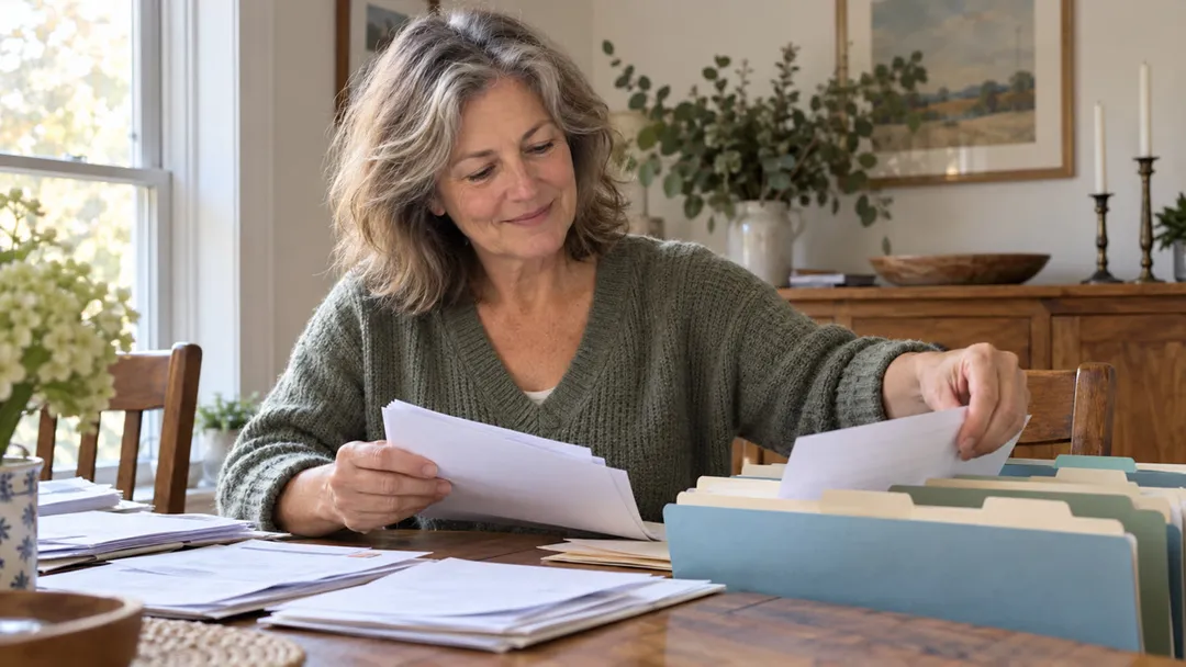 A woman sorting papers into labelled folders at home
