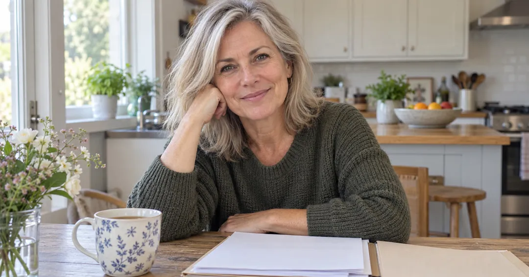 A calm woman in her late 50s at her kitchen table with a folder of papers