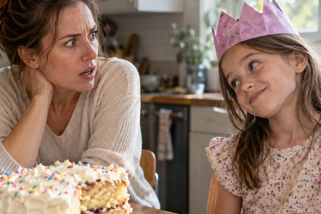 a woman in her late thirties at a kitchen table beside a half-eaten birthday cake, looking stunned at a nine-year-old gi