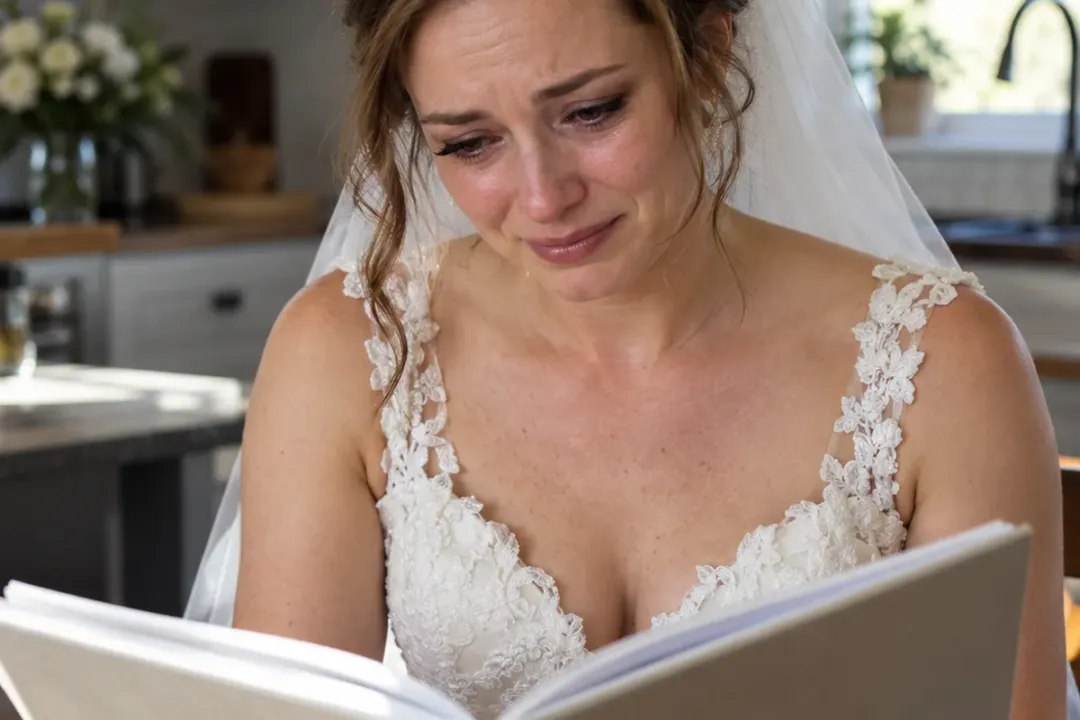 a bride in her early thirties still in her white wedding dress, sitting at a kitchen table the morning after, holding an